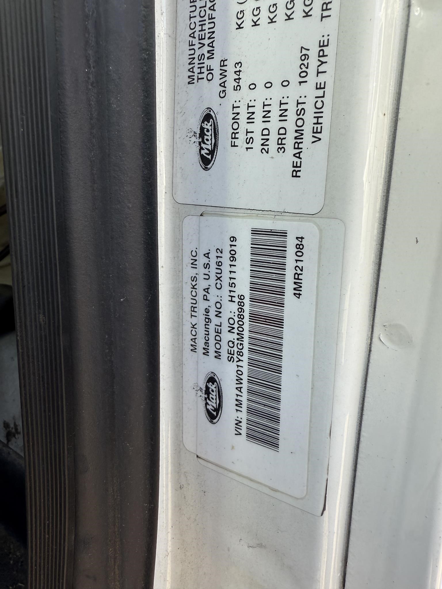 2016 MACK PINNACLE CXU612 10021492447 2016 MACK PINNACLE CXU612 10021492447