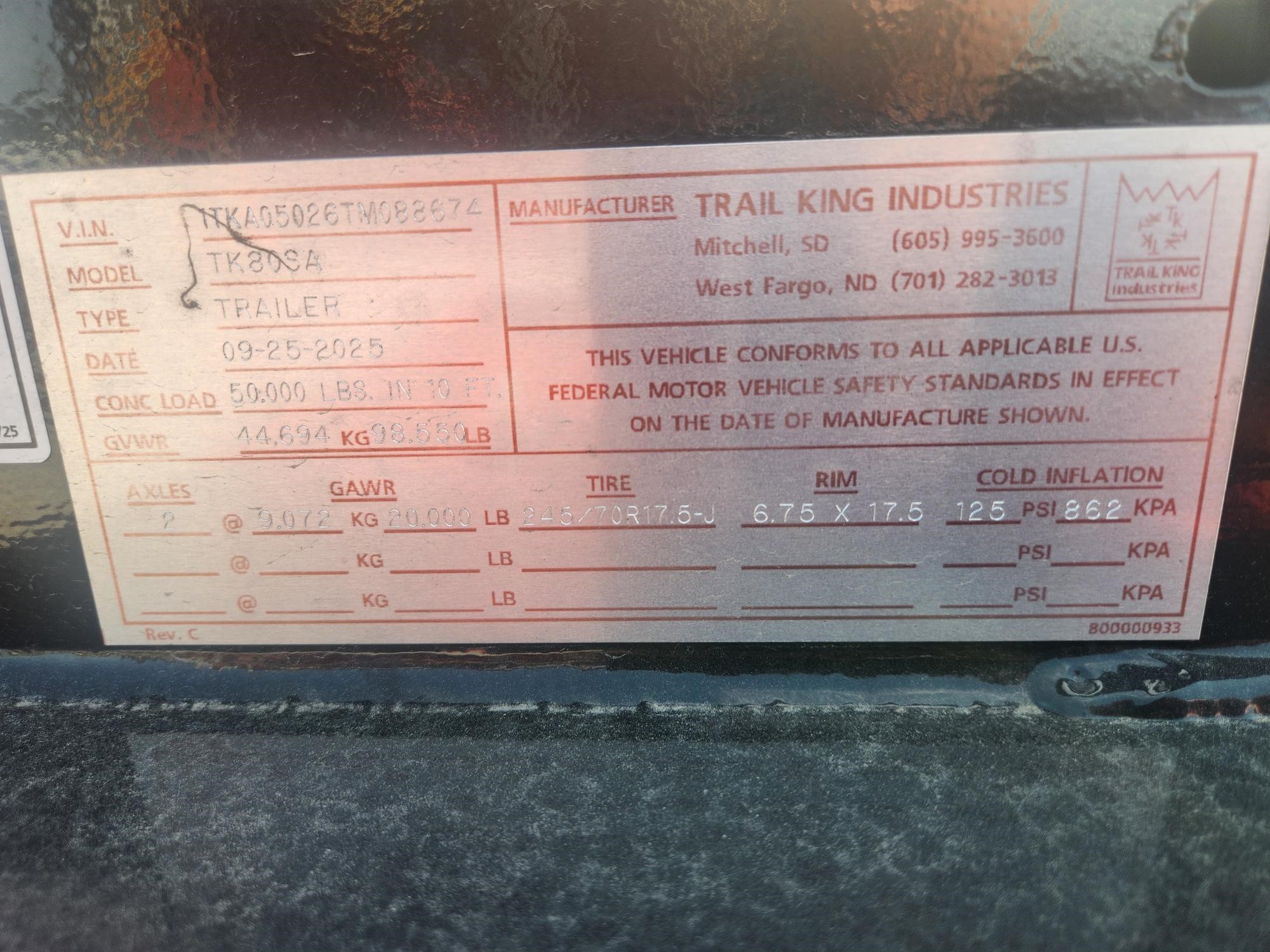 2026 TRAIL KING TK80SA 11033233127 2026 TRAIL KING TK80SA 11033233127